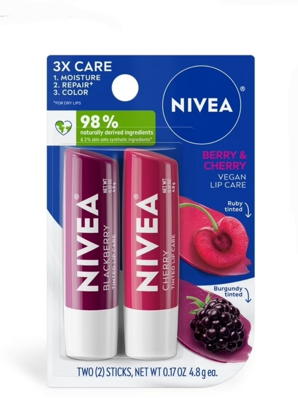 Nivea Berry & Cherry Lip Care,Tinted Lip Balm Set, 0.17 oz Stick, Pack of 2 BNIB